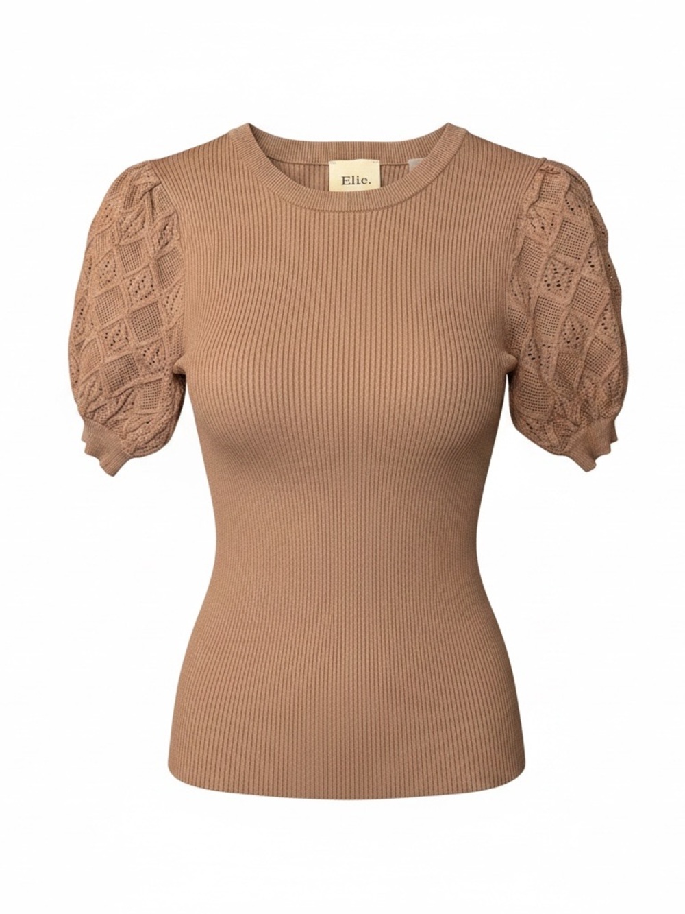 Elie Tahari Tan Puff-Sleeve Ribbed Top